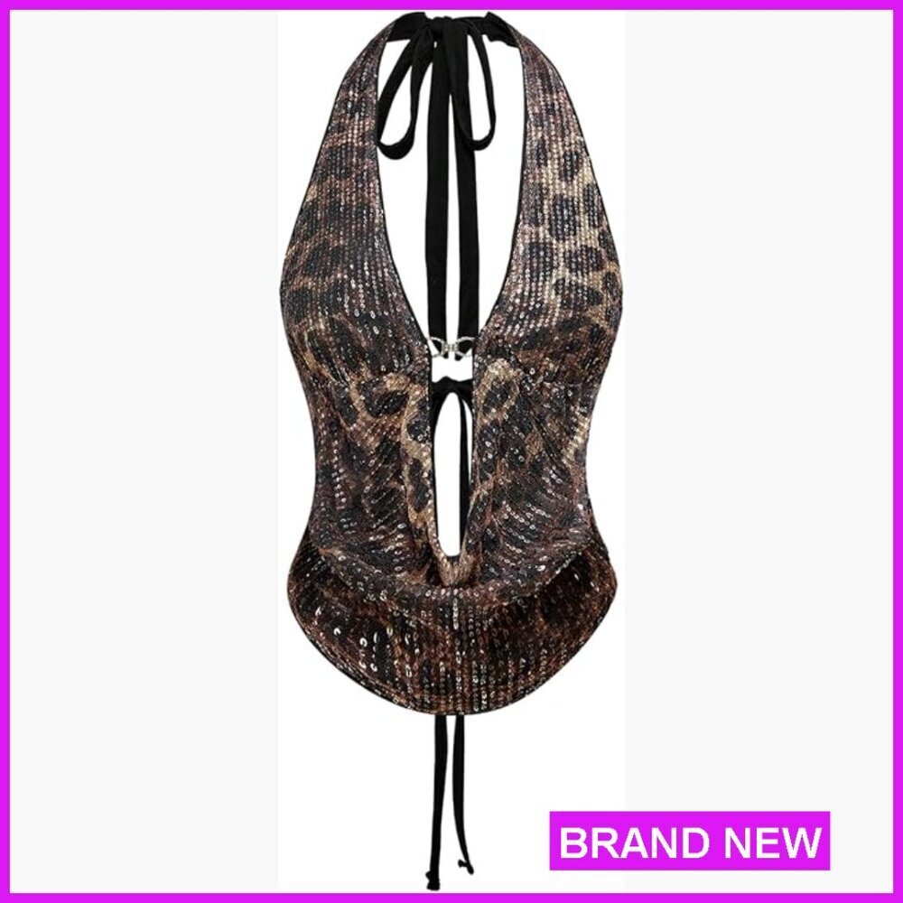 Cheetah Print Sequin Halter Corset Top Y2K Tie Back Plunge Crop Top